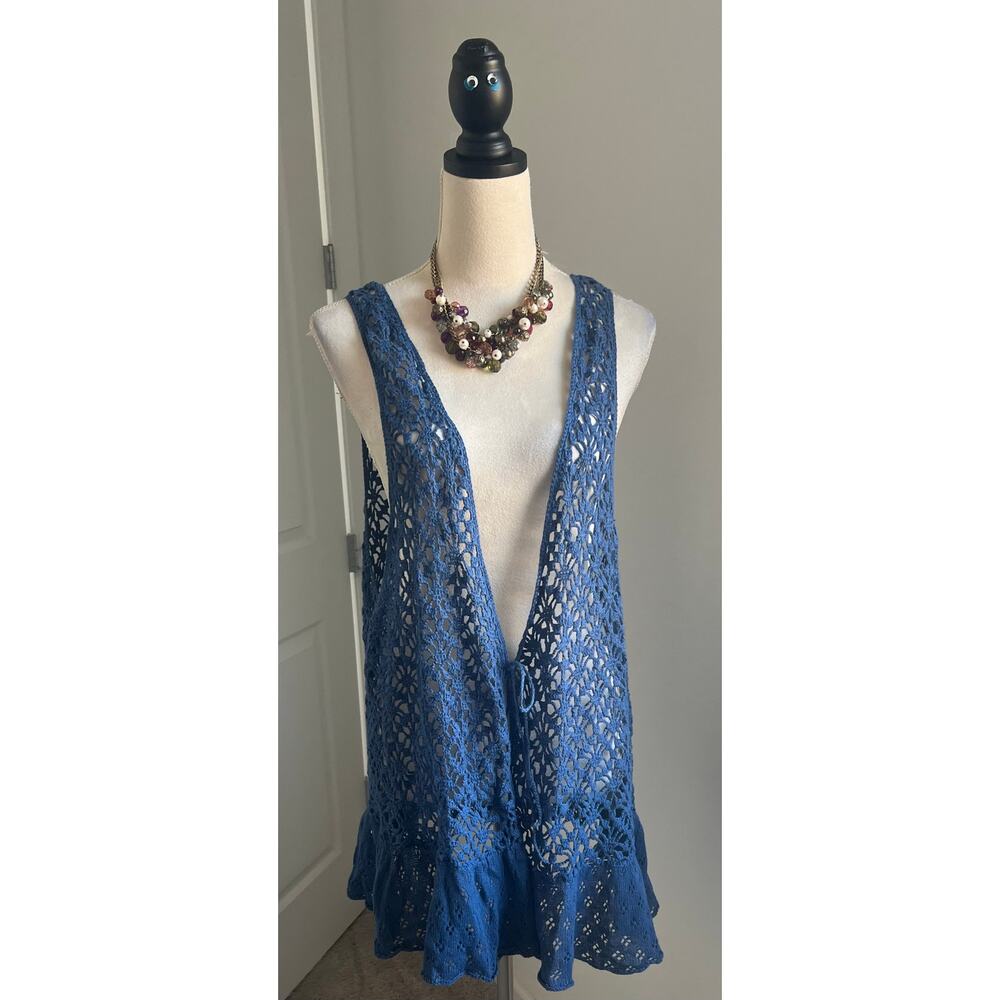 NWT Avenue Slate Blue Hand Crocheted‎ Sweater Sleeveless Vest Sz 22/24